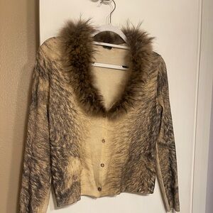 Vintage Roberto Cavalli Brown and Cream w/Real Fur-Trim Cardigan